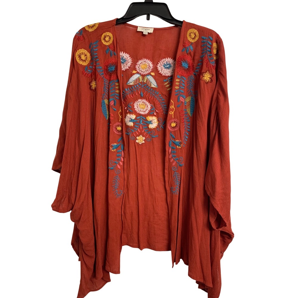 Umgee Rust Orange Boho Hippie Embroidered Kimono Open Front Cardigan Wrap S/M
